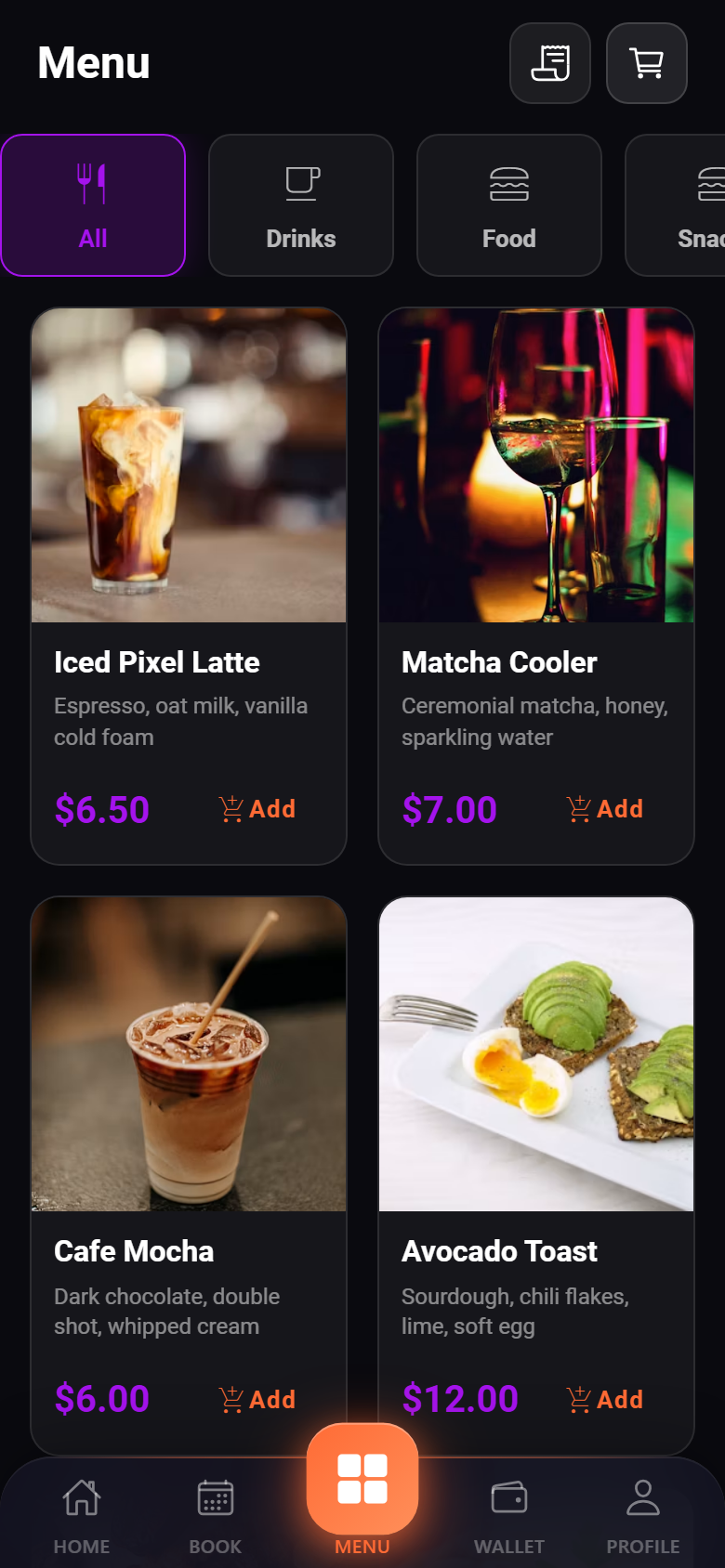 Pixel Cafe, menu